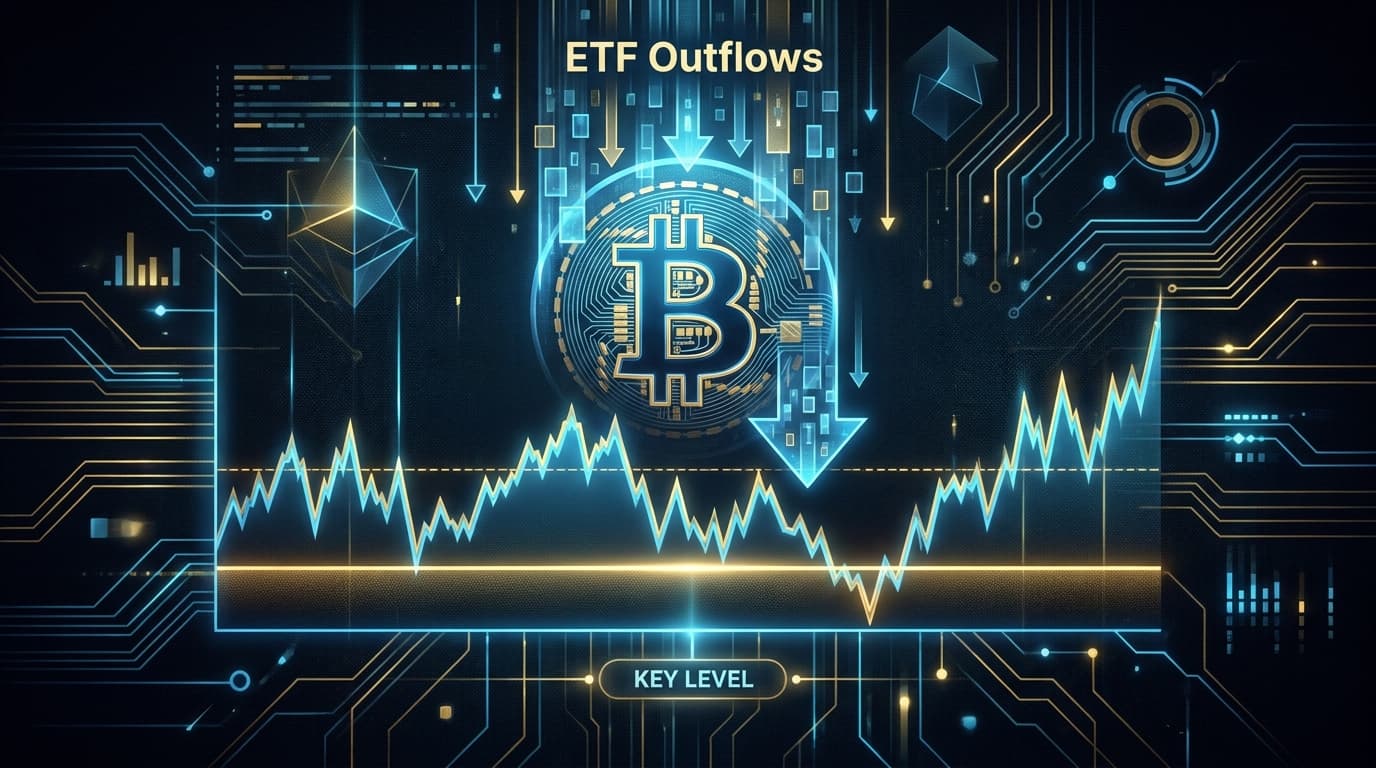 Bitcoin token beside a market chart showing ETF outflows and a key technical support level