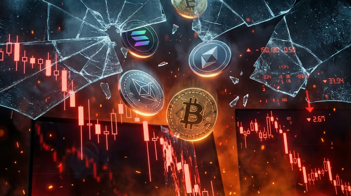 Crypto market liquidation showing price charts and declining trend indicators