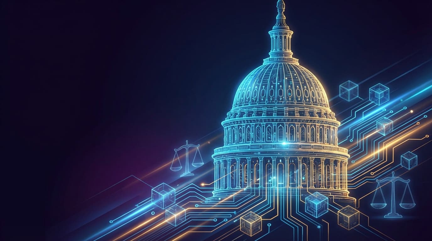 Illustration of U.S. Capitol building with digital asset regulation symbols and blockchain elements