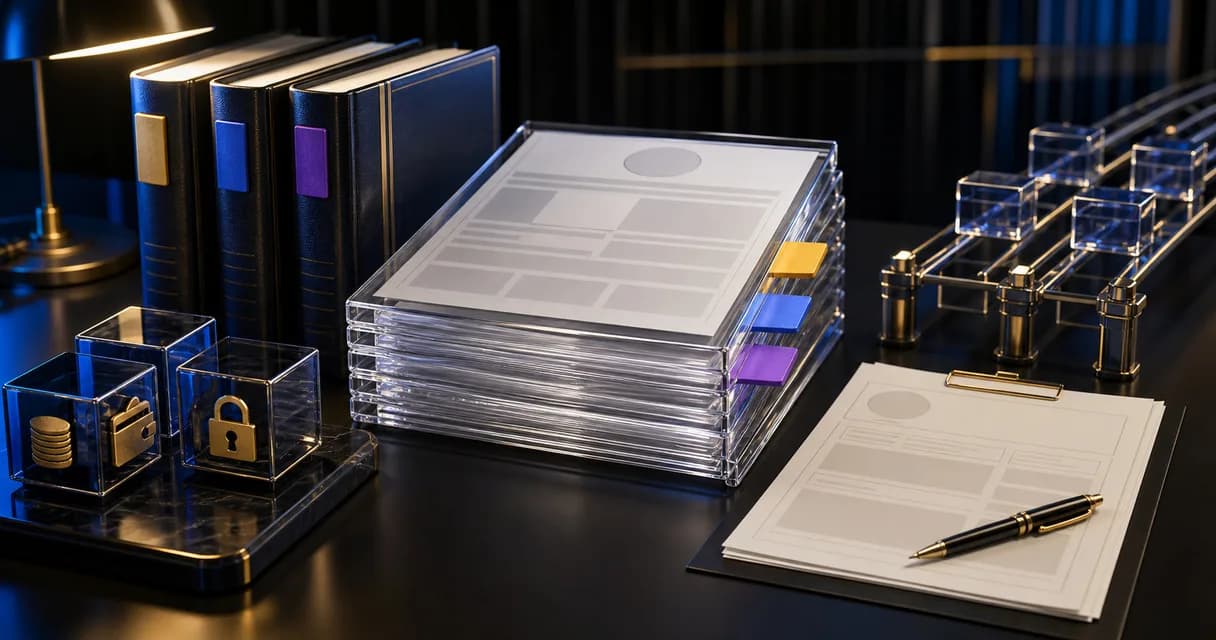 SEC crypto rules shown as a regulatory desk with digital asset custody blocks and exchange rails