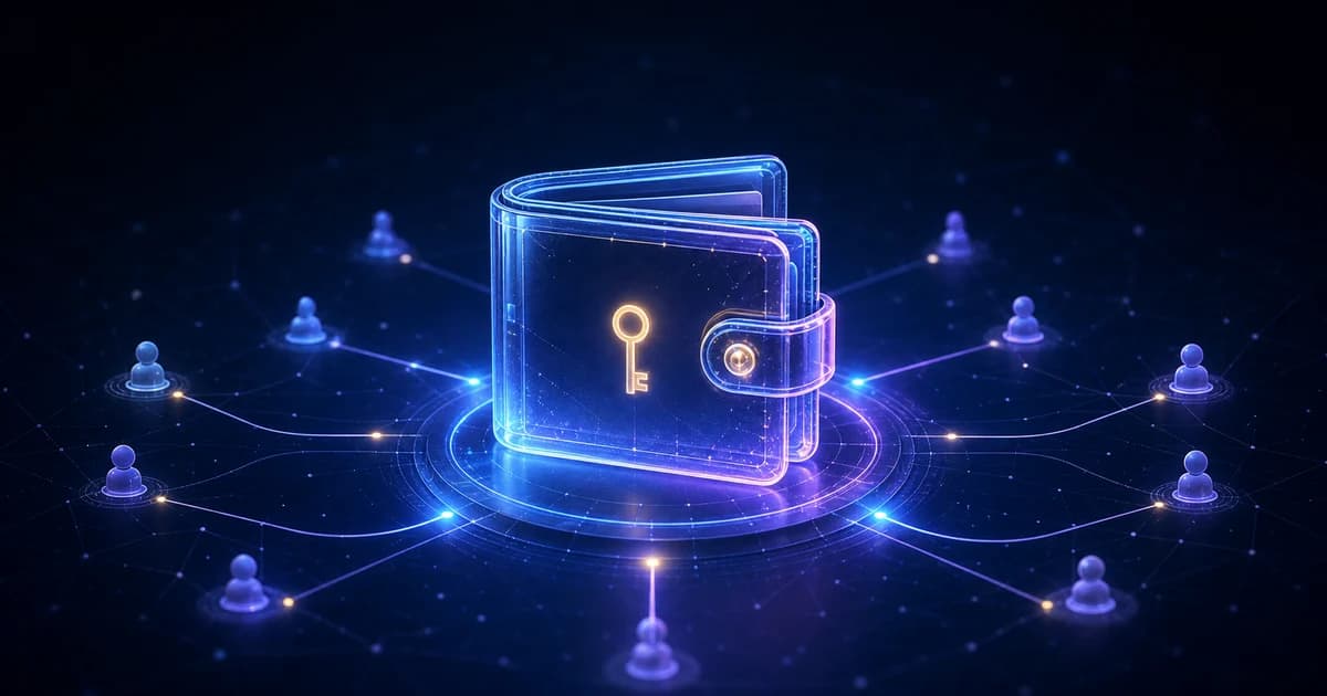 A secure glowing digital wallet emerging from a dark blue messaging interface with interconnected network nodes