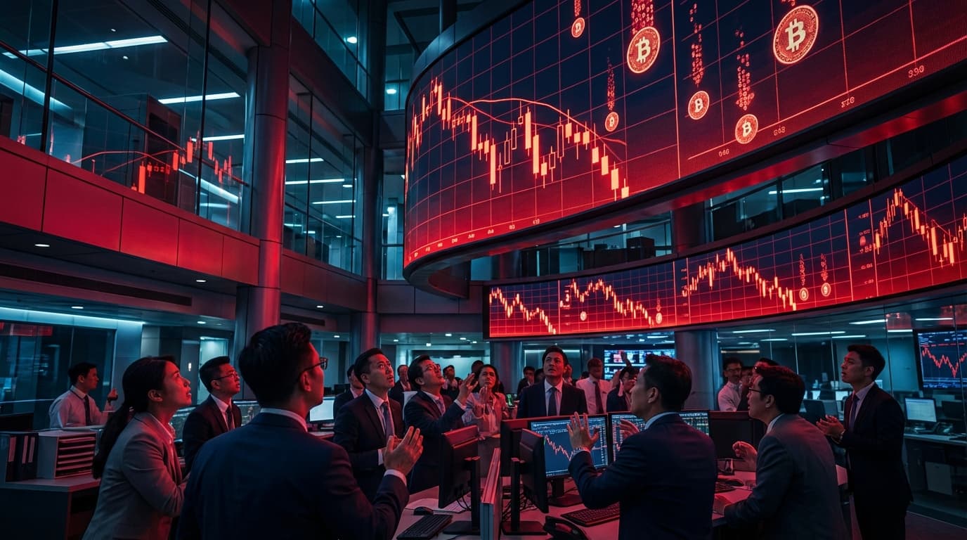 Bitcoin price chart showing market selloff with Asian trading floor aesthetic