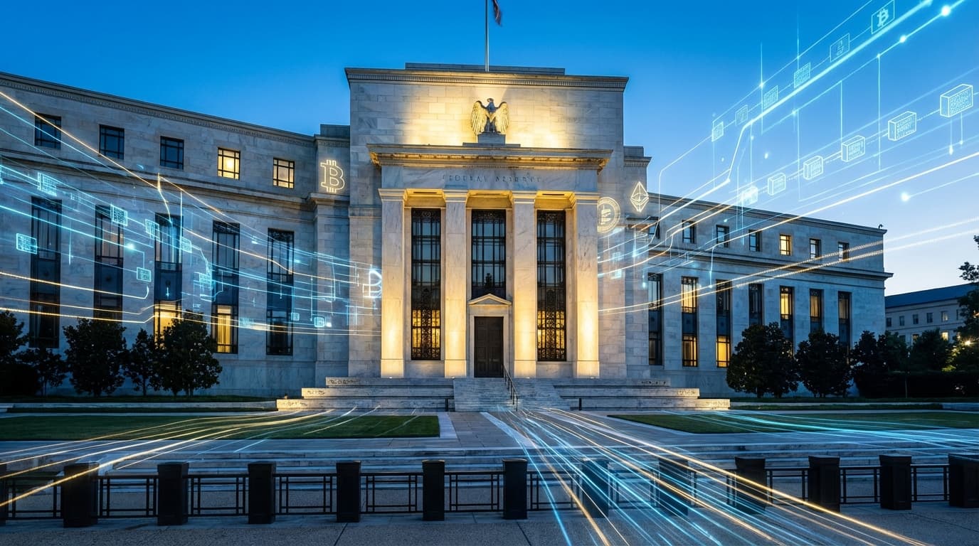 Federal Reserve building with digital blockchain elements representing crypto banking integration