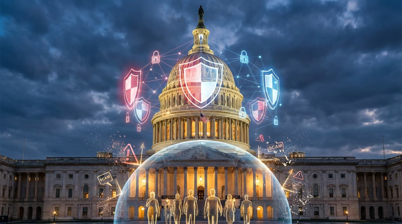 US Capitol building with cybersecurity shield symbolism representing fraud protection legislation