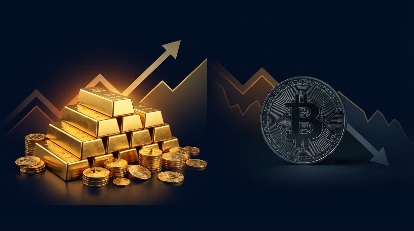 Gold bars reaching new all-time highs versus Bitcoin price chart comparison
