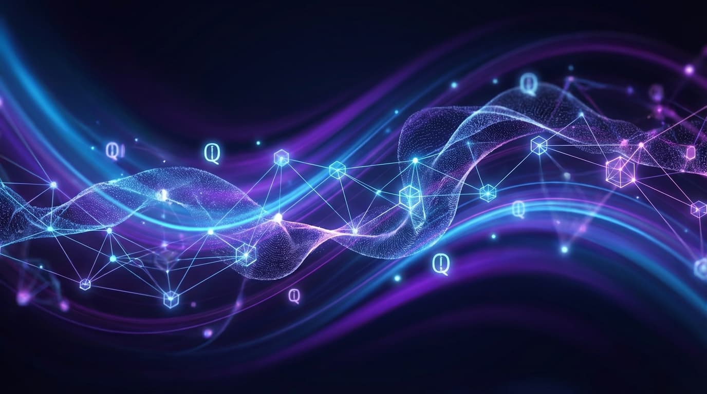 Abstract quantum computing visualization with blockchain security elements