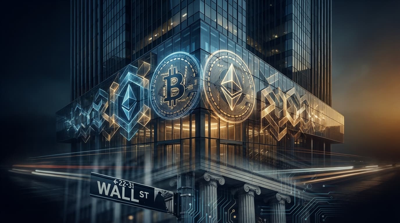 JPMorgan building with cryptocurrency symbols representing institutional crypto trading