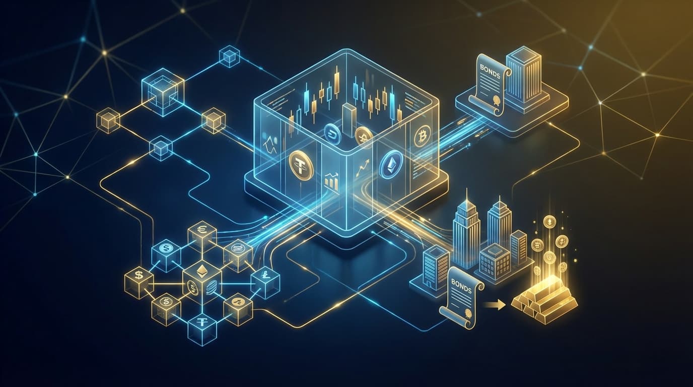 Professional financial visualization of ETF launches with blockchain network elements