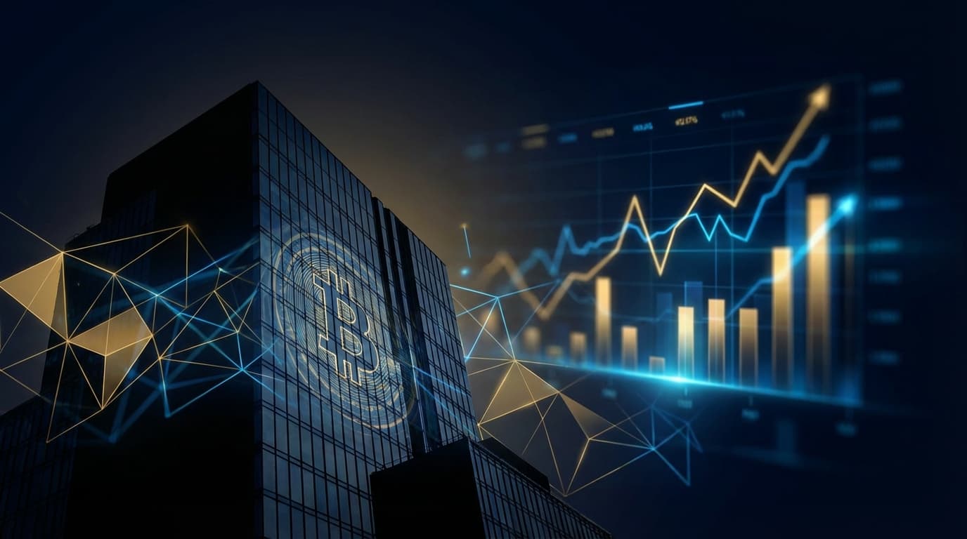 BlackRock building with Bitcoin symbol overlay representing institutional crypto adoption
