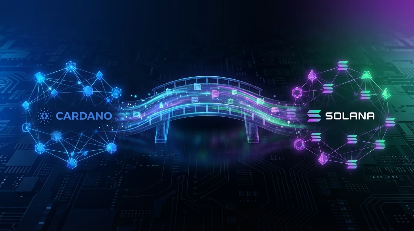 Abstract visualization of Cardano and Solana networks connecting through a digital bridge