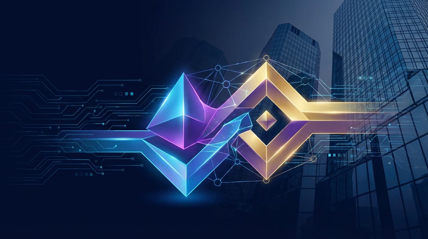 Abstract visualization of cryptocurrency mergers and acquisitions showing corporate consolidation