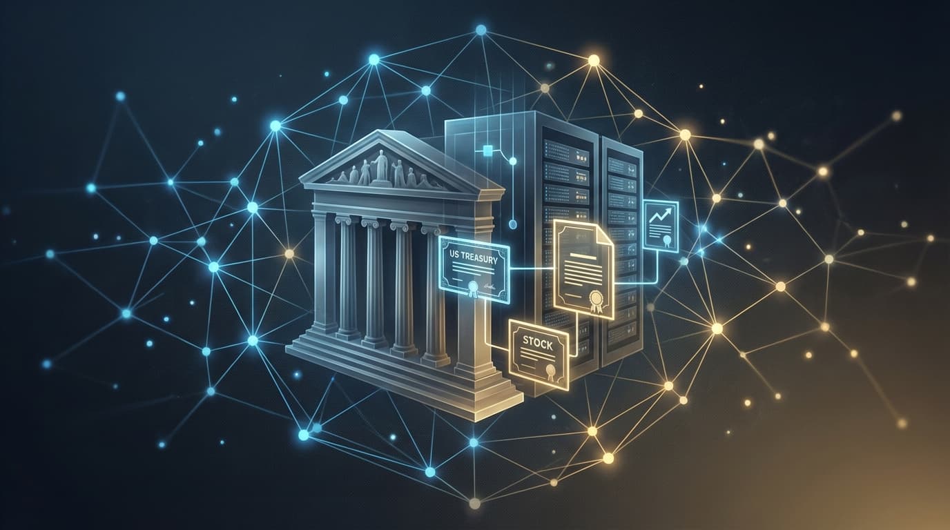 Financial network visualization with blockchain nodes and Treasury securities symbols