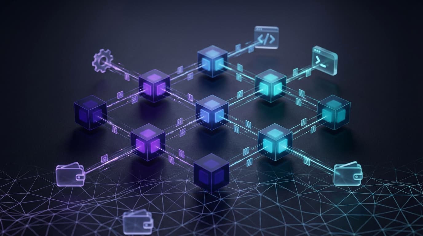 Abstract visualization of Solana blockchain with SDK connection nodes and developer tools