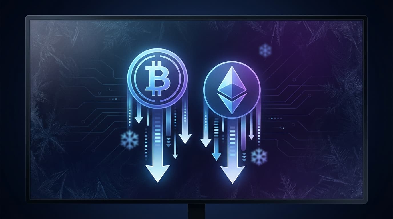 Bitcoin and Ethereum ETF fund flow visualization with downward arrows representing outflows