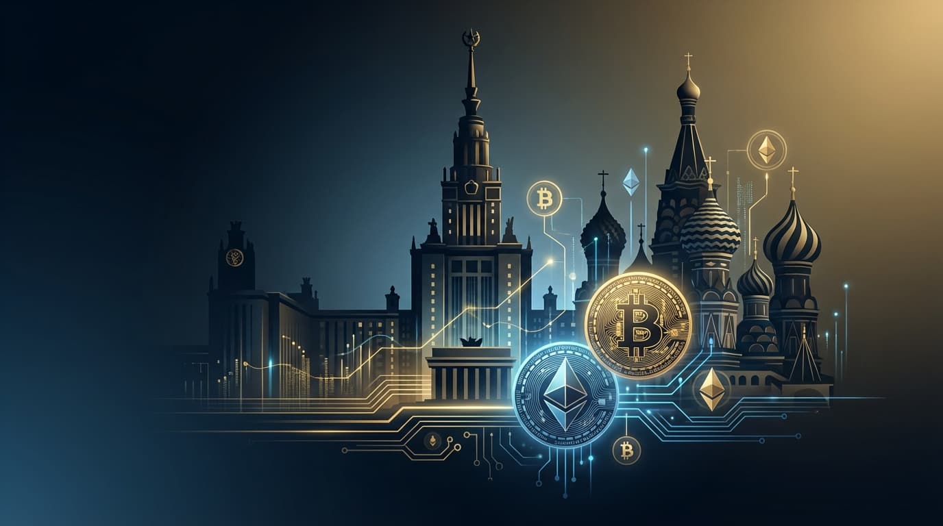 Russian central bank building with cryptocurrency symbols representing new regulatory framework