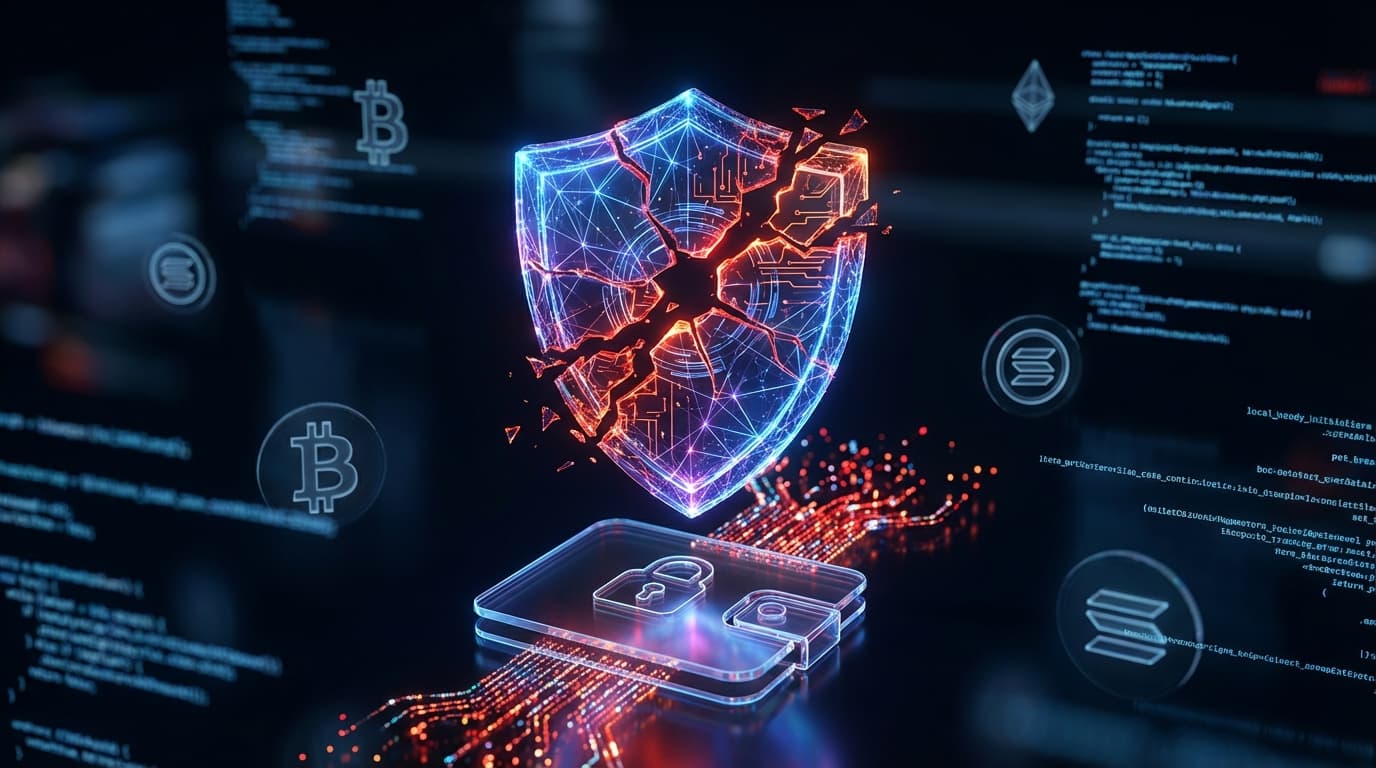 Broken shield icon representing Trust Wallet security breach with cryptocurrency symbols