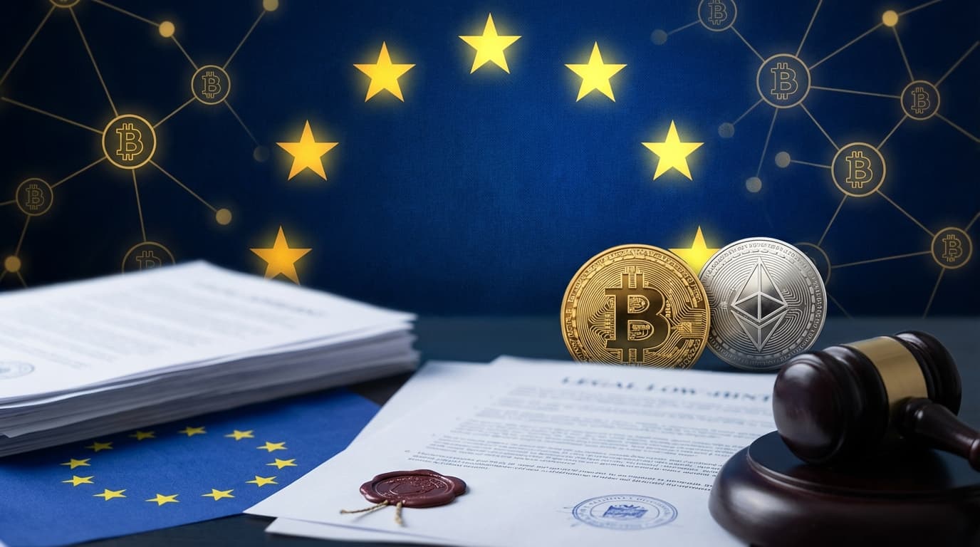 European Union flag with cryptocurrency symbols representing new tax regulations