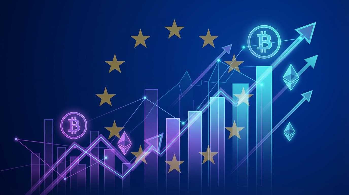 European Union flag with cryptocurrency symbols representing growing adoption across the eurozone
