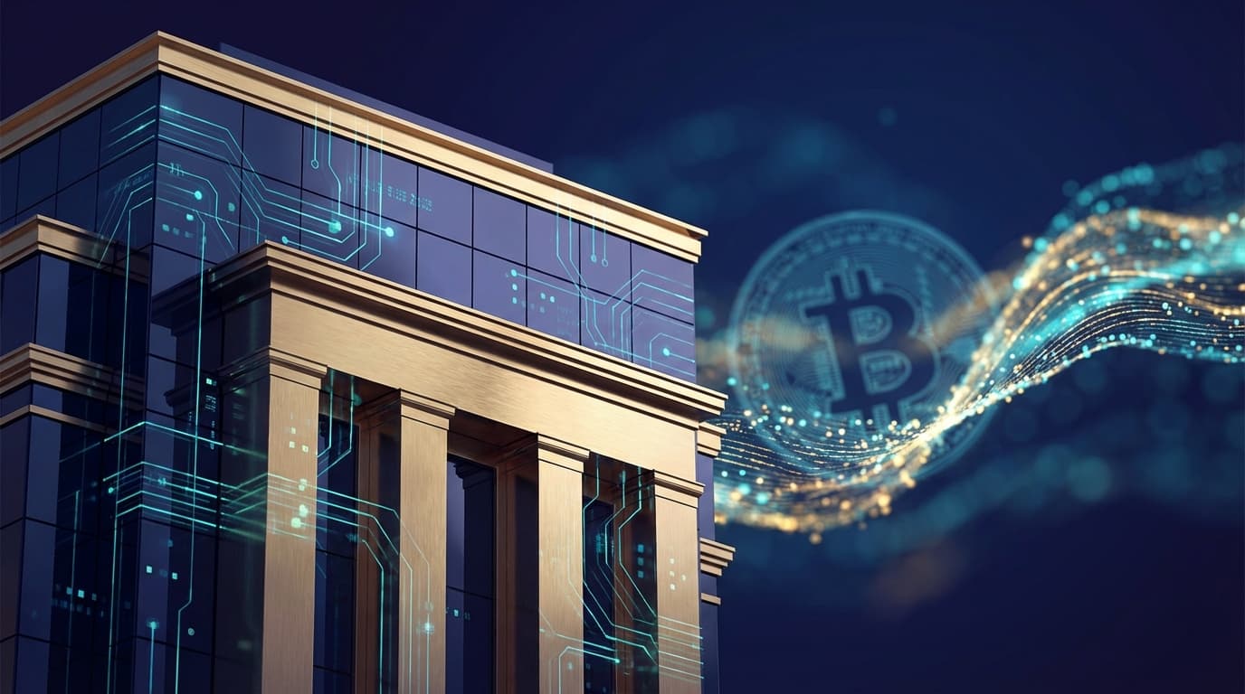 Federal Reserve building with financial charts showing liquidity injection and Bitcoin price movement