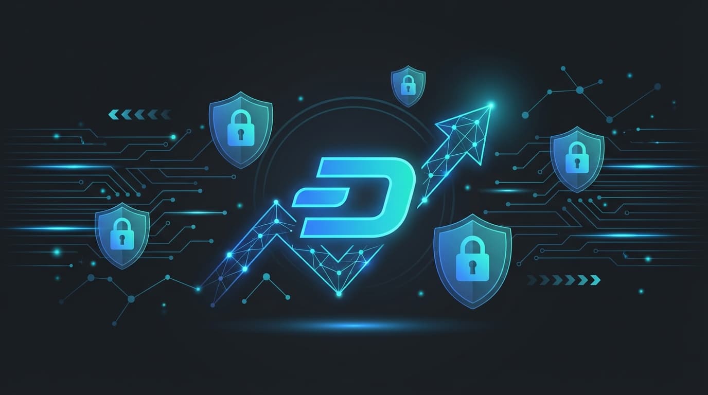 Dash cryptocurrency logo with upward trending chart