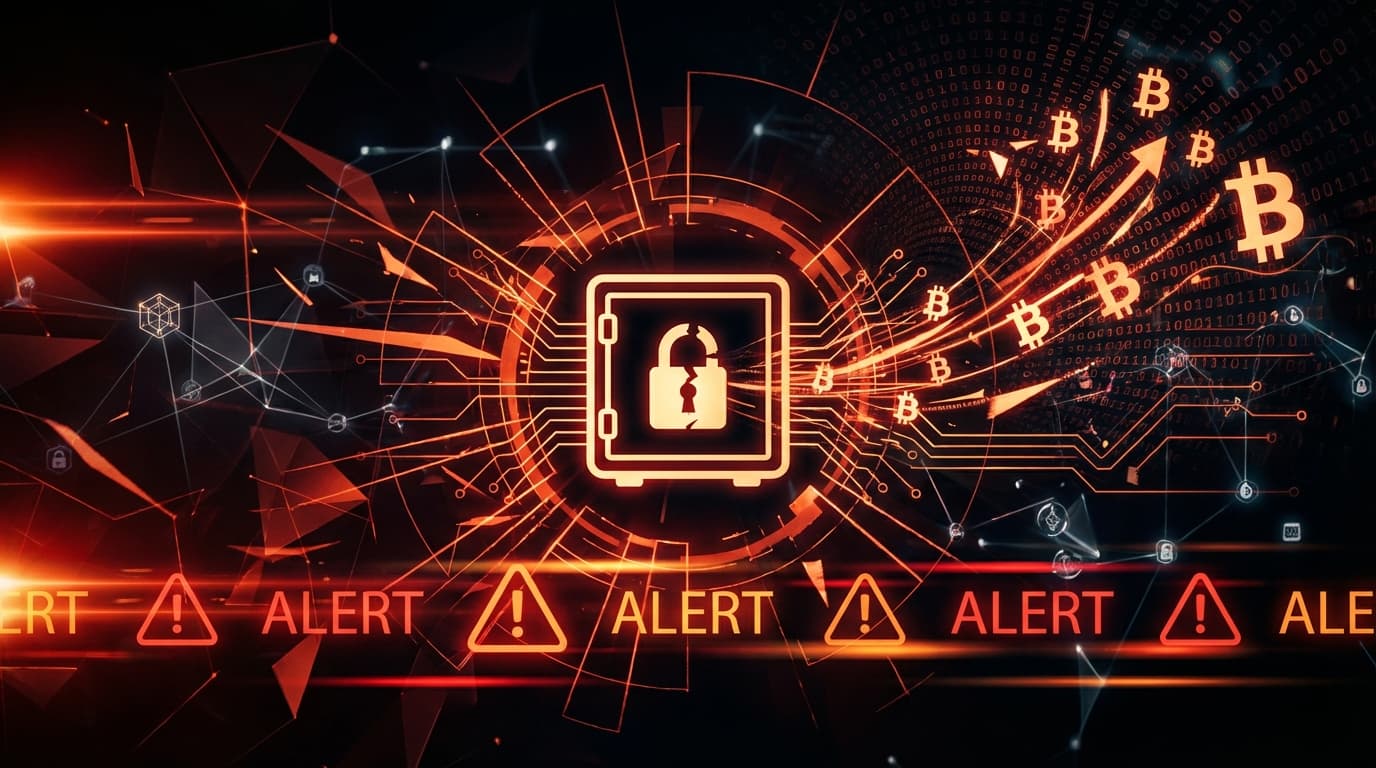 Digital security breach visualization with cryptocurrency symbols and warning indicators