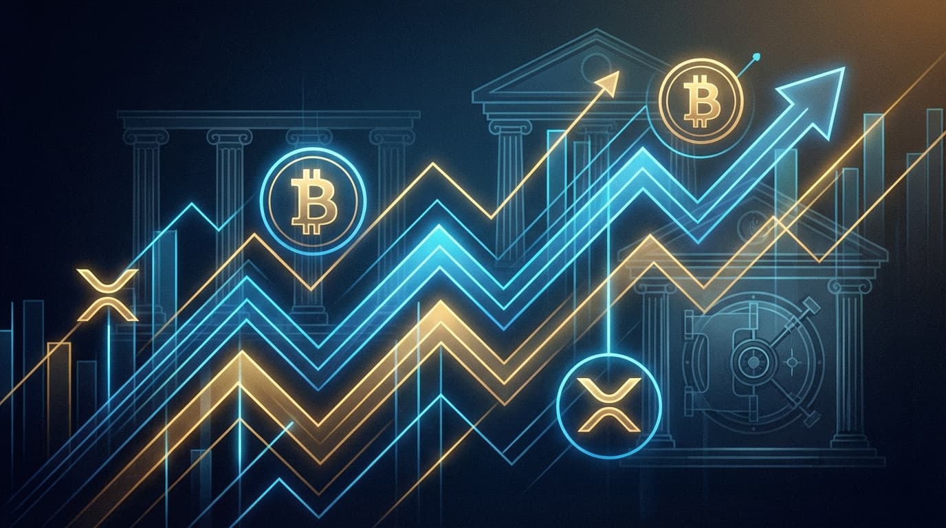 Standard Chartered bank logo with Bitcoin and XRP price chart visualization