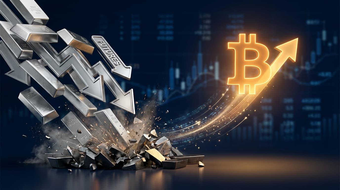 Silver futures price chart showing sharp collapse alongside Bitcoin price stabilizing