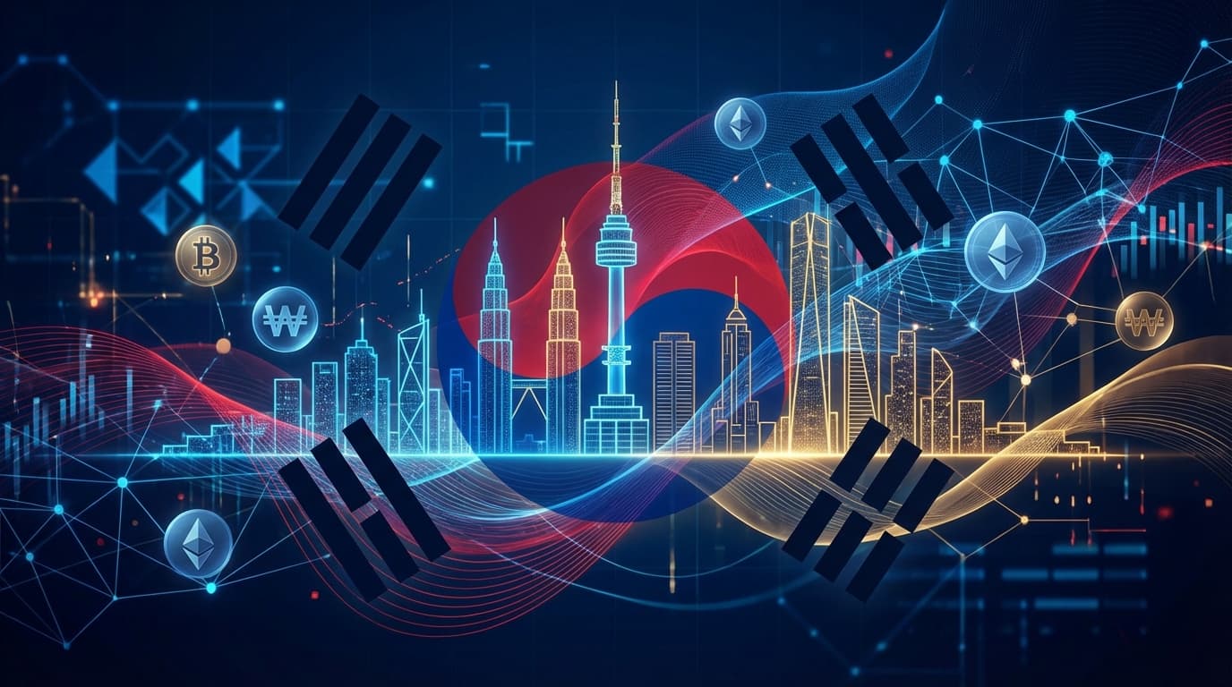 South Korea flag with cryptocurrency symbols representing regulatory uncertainty