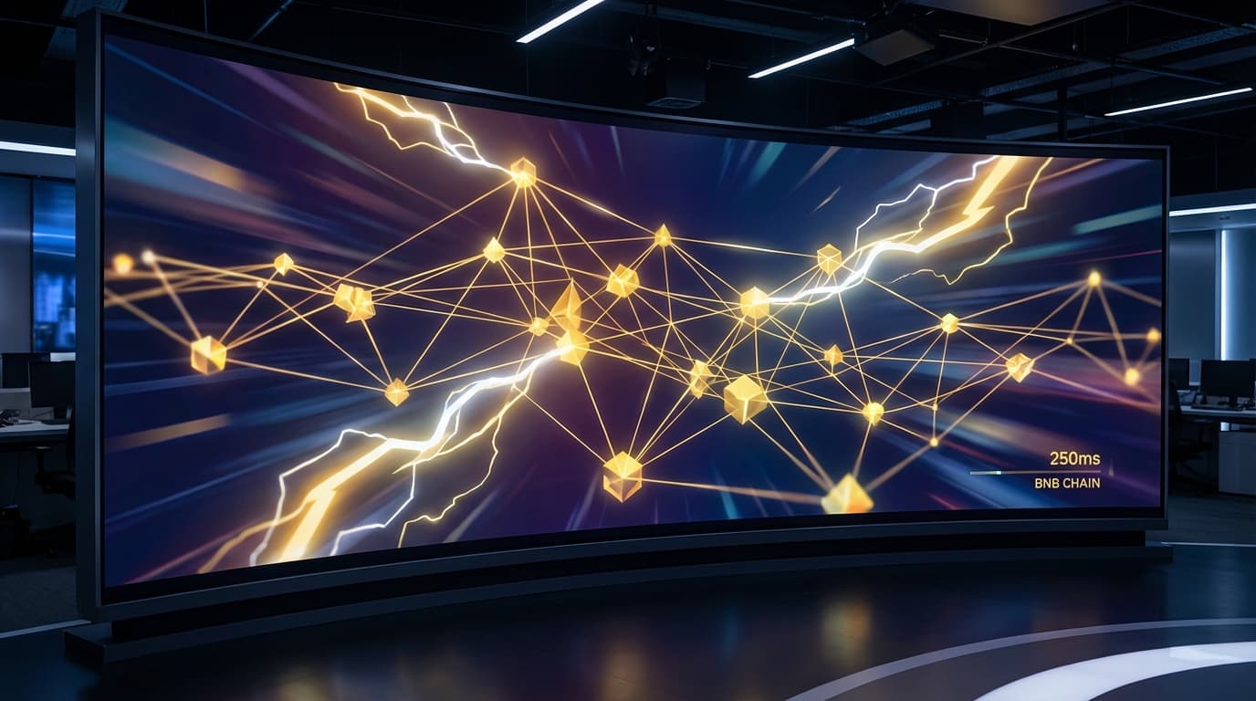 Abstract visualization of BNB Chain network upgrade with speed and scalability elements