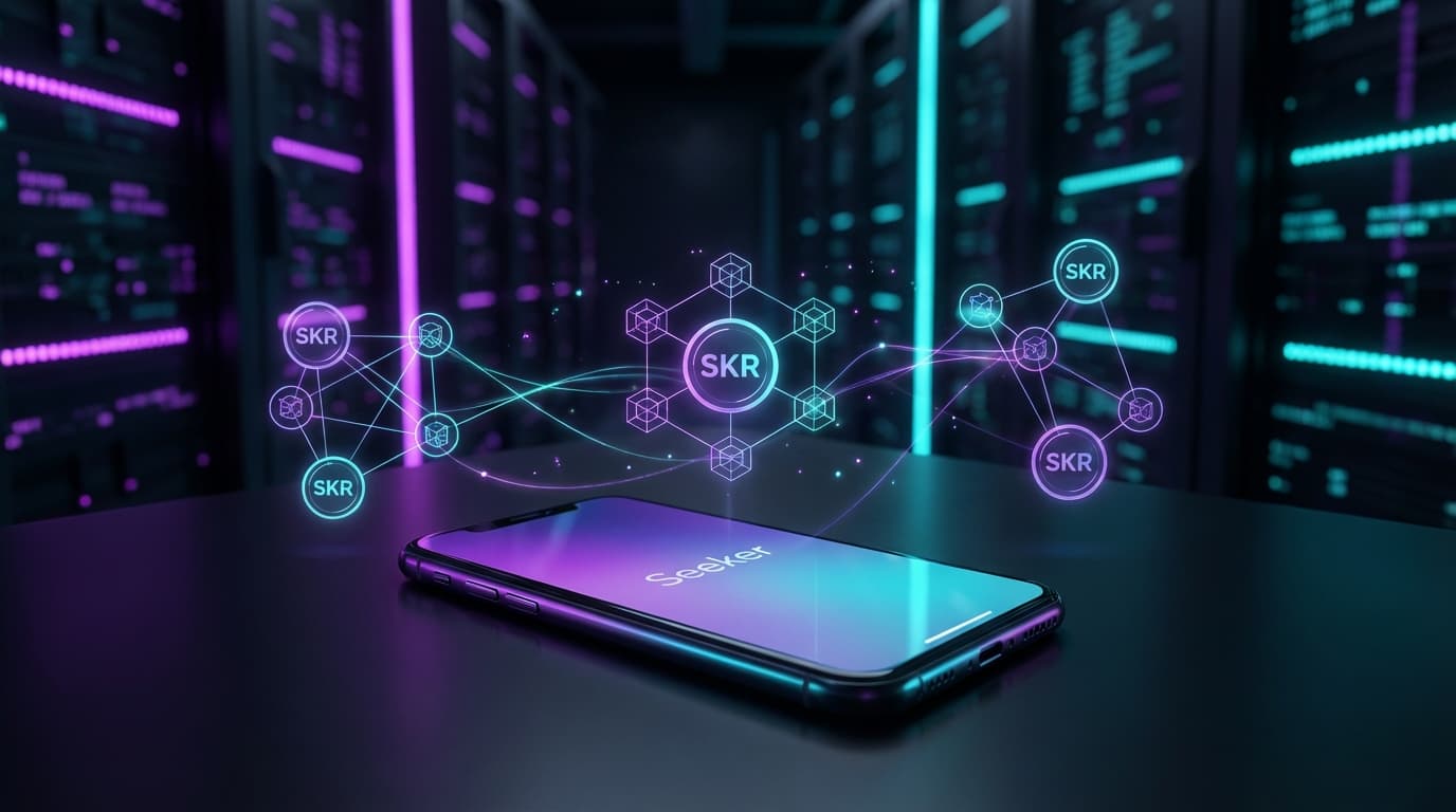 Solana Mobile Seeker phone with SKR token visualization and blockchain network
