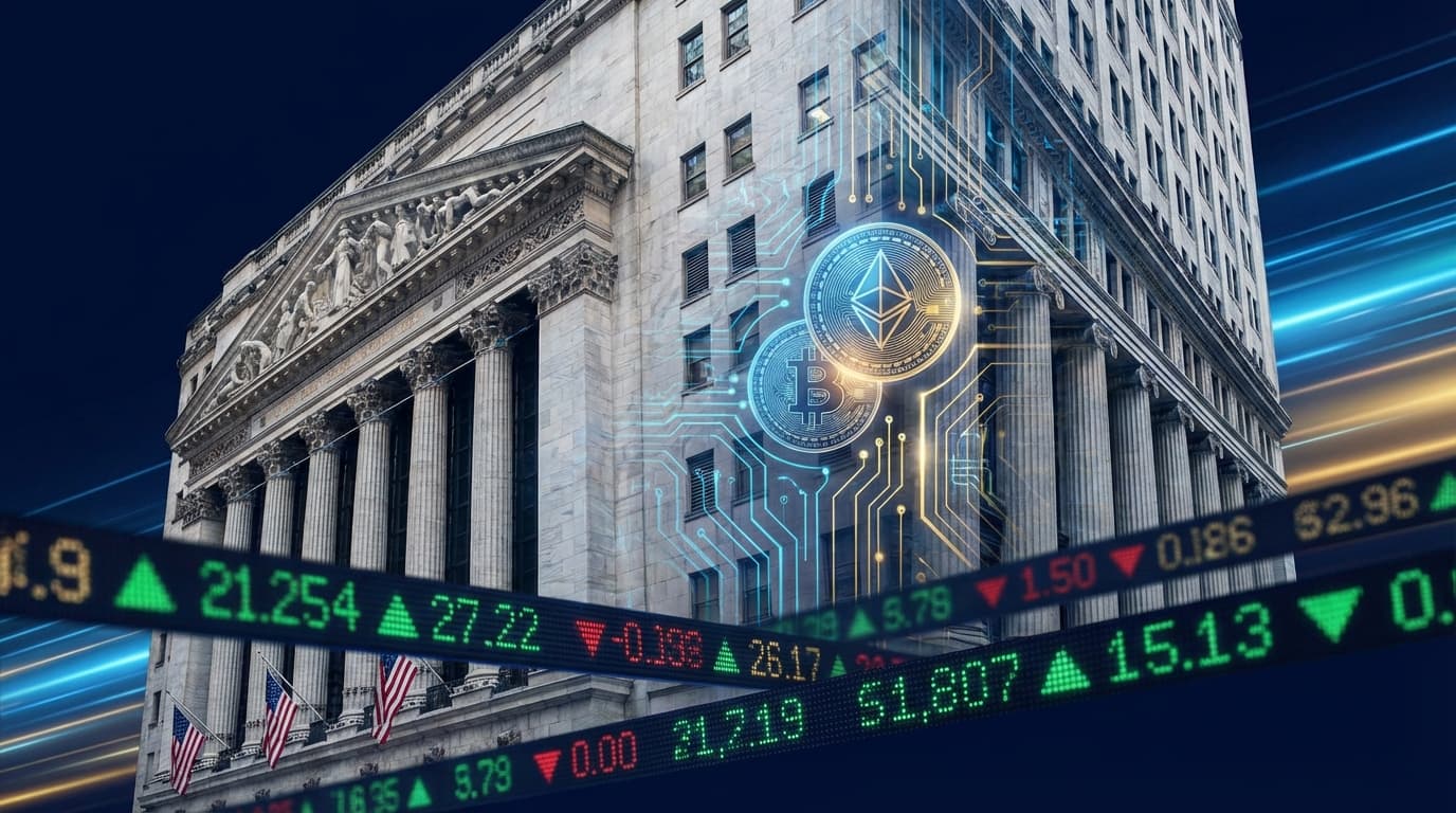 Wall Street buildings with cryptocurrency symbols representing the convergence of traditional finance and digital assets