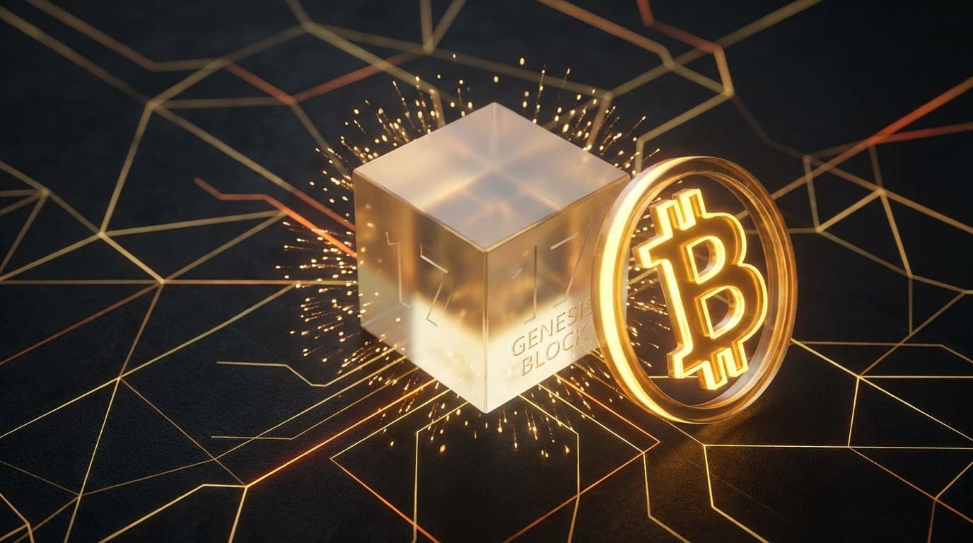 Bitcoin Genesis Block 17th anniversary celebration with blockchain visualization