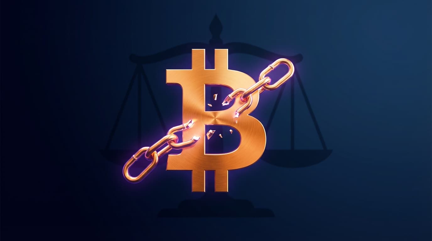 Abstract illustration of Bitcoin and legal scales representing the Bitfinex hacker case