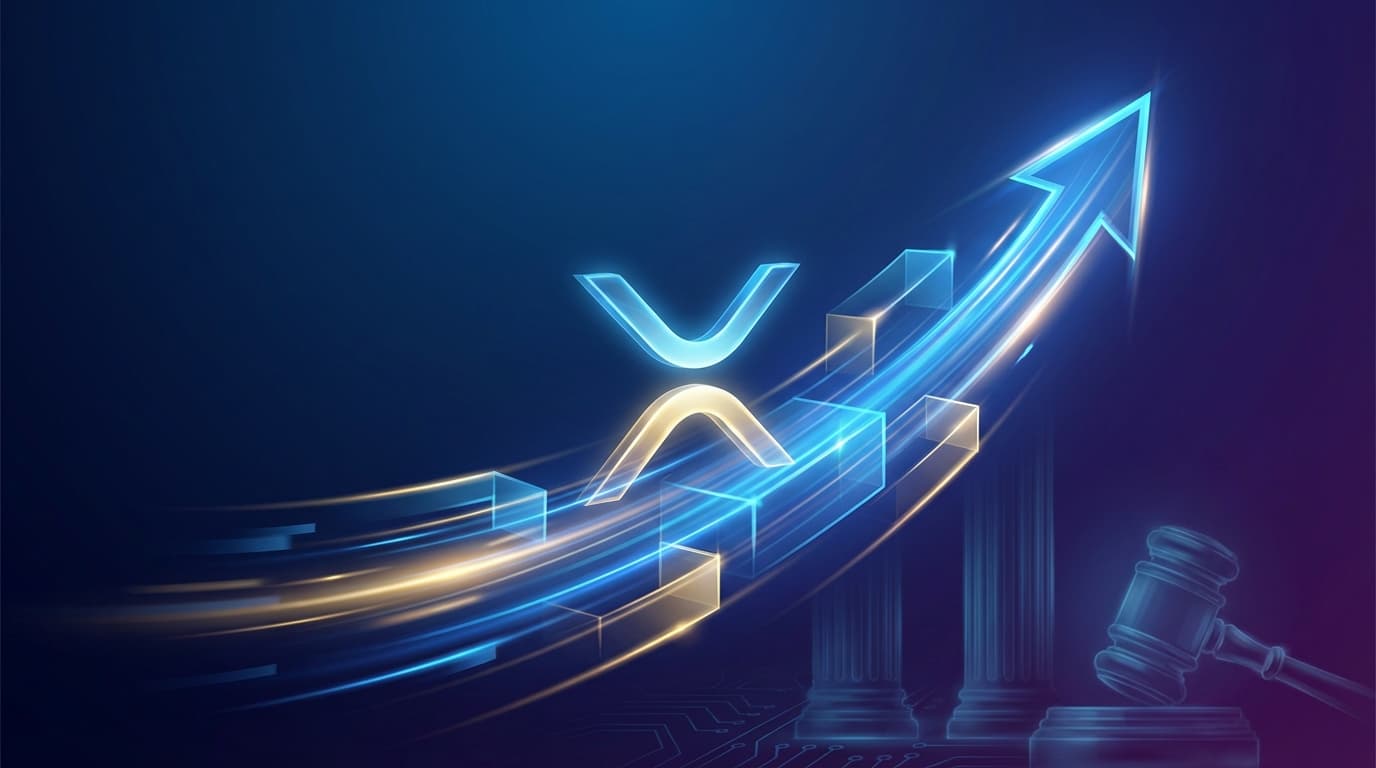 Abstract visualization of XRP token rising against a regulatory backdrop representing SEC policy shift