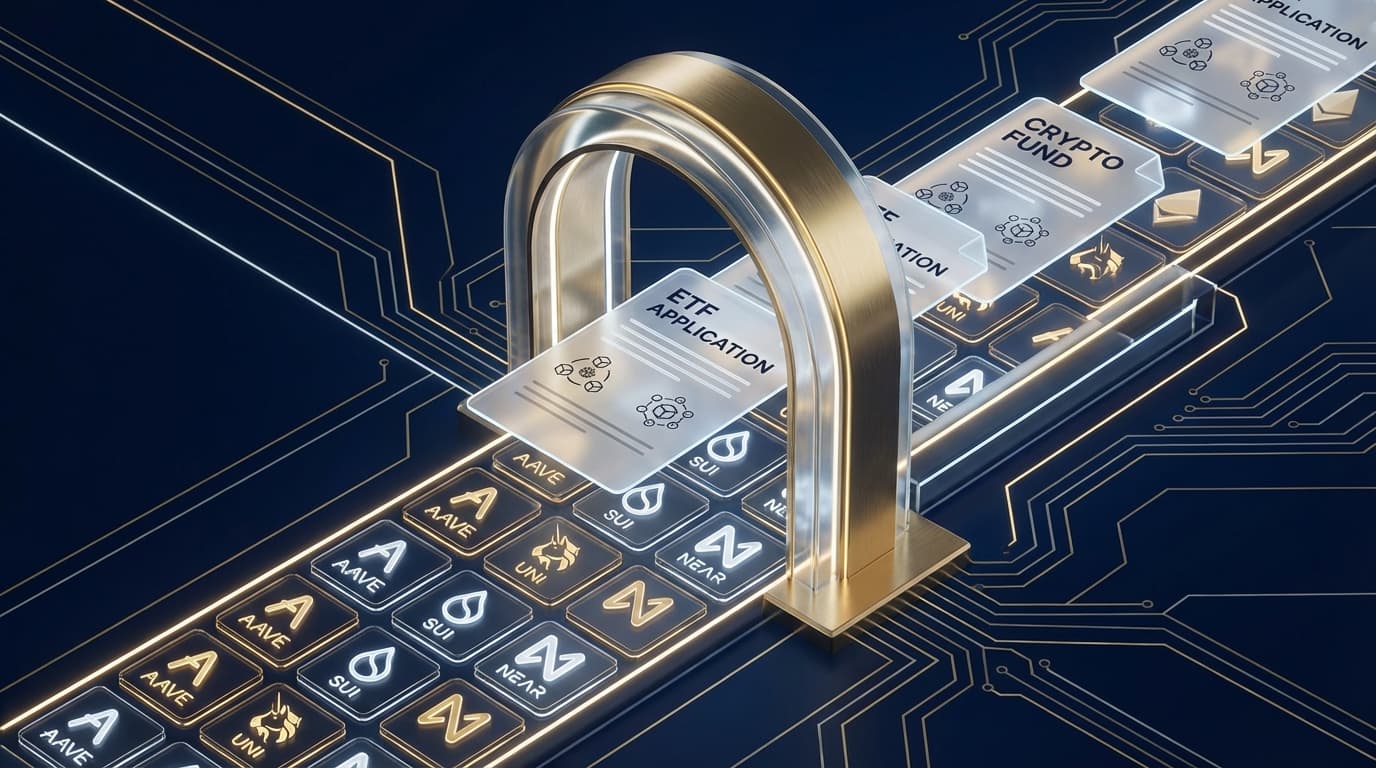 Abstract visualization of multiple altcoin ETF filings with SEC regulatory theme