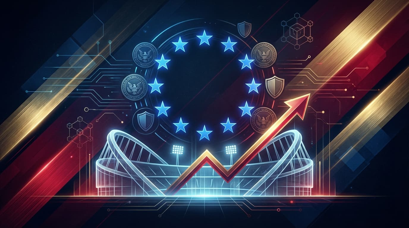 Chiliz CHZ token with European Union MiCA regulation symbols and sports stadium background