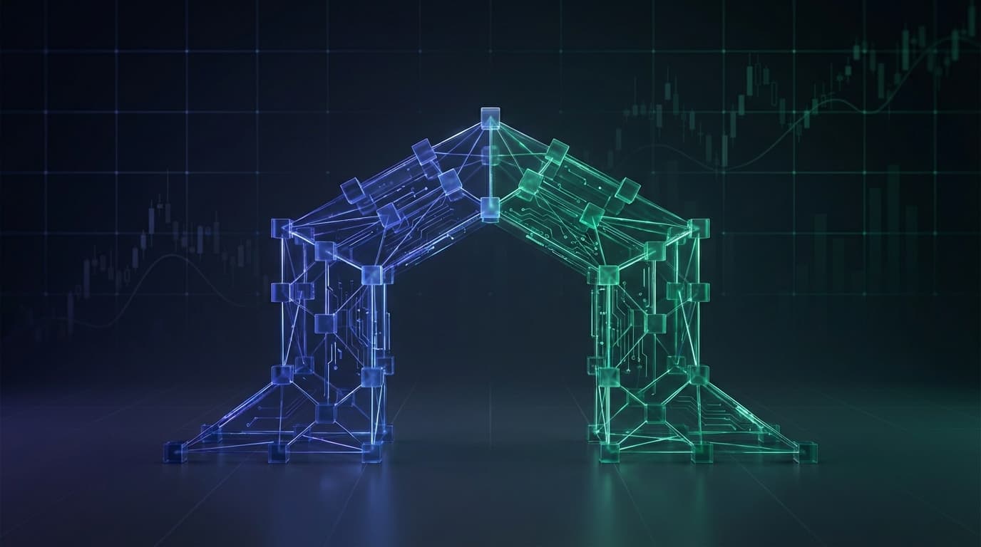 Abstract visualization of Ethereum and Solana networks connecting for institutional DeFi