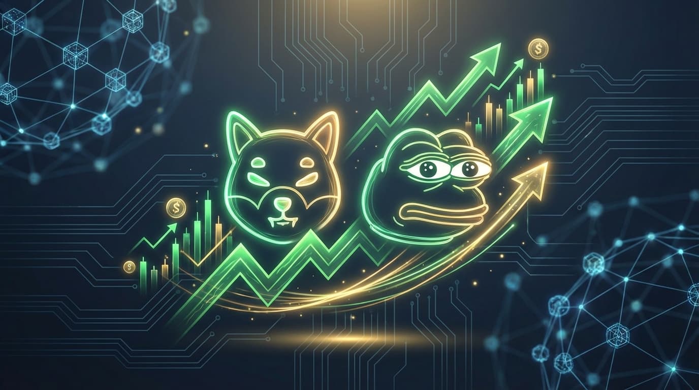 Meme coin rally visualization with Dogecoin, Pepe, and Shiba Inu tokens rising