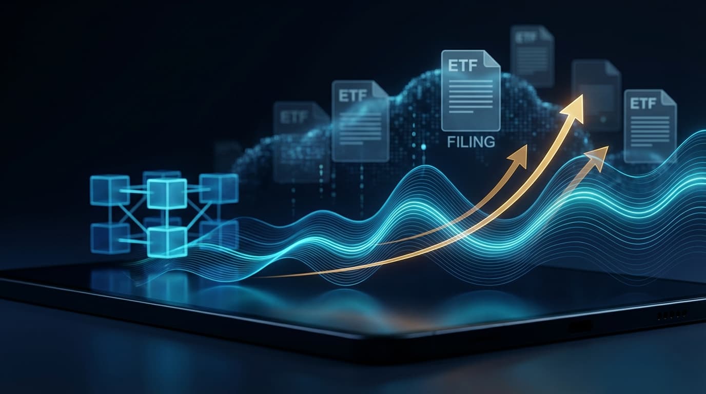 SUI cryptocurrency logo with upward trending chart and ETF filing documents