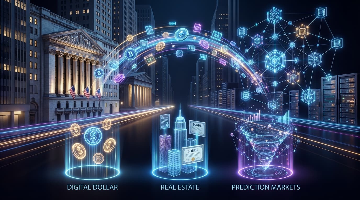 Abstract visualization of tokenization with digital assets flowing between traditional and blockchain networks