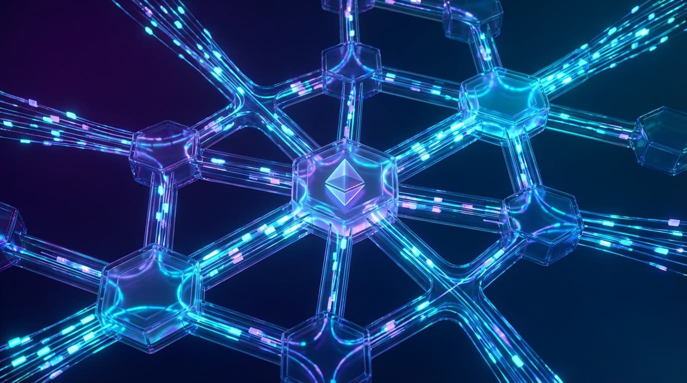 Ethereum network upgrade visualization with data packets flowing through blockchain infrastructure