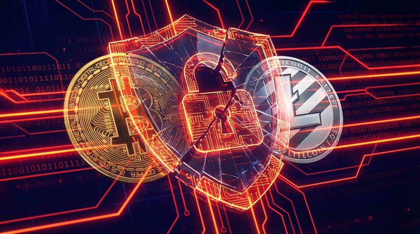 Abstract visualization of cryptocurrency security breach with Bitcoin and Litecoin symbols