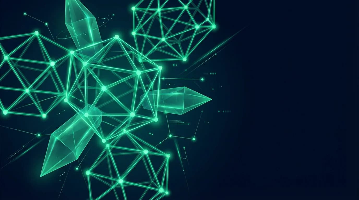 Abstract visualization of quantum computing lattice structures with emerald green blockchain connections representing Algorand post-quantum security