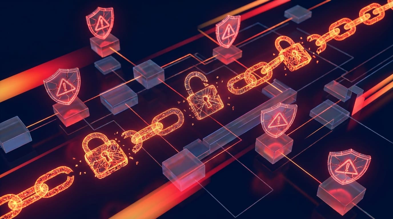 Abstract visualization of DeFi security breaches with broken chain links and warning symbols