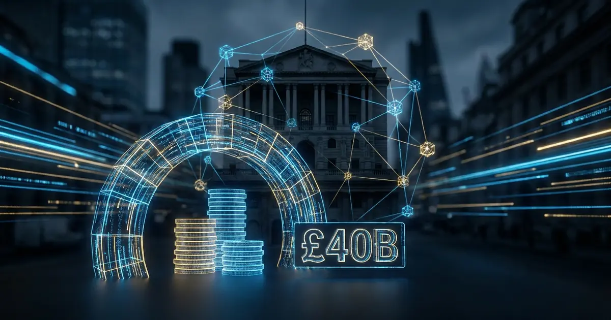 Bank of England building with digital stablecoin and payment network visuals