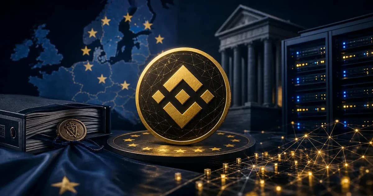 European crypto exchange compliance scene with abstract BNB token, regulatory documents, and blockchain network lines