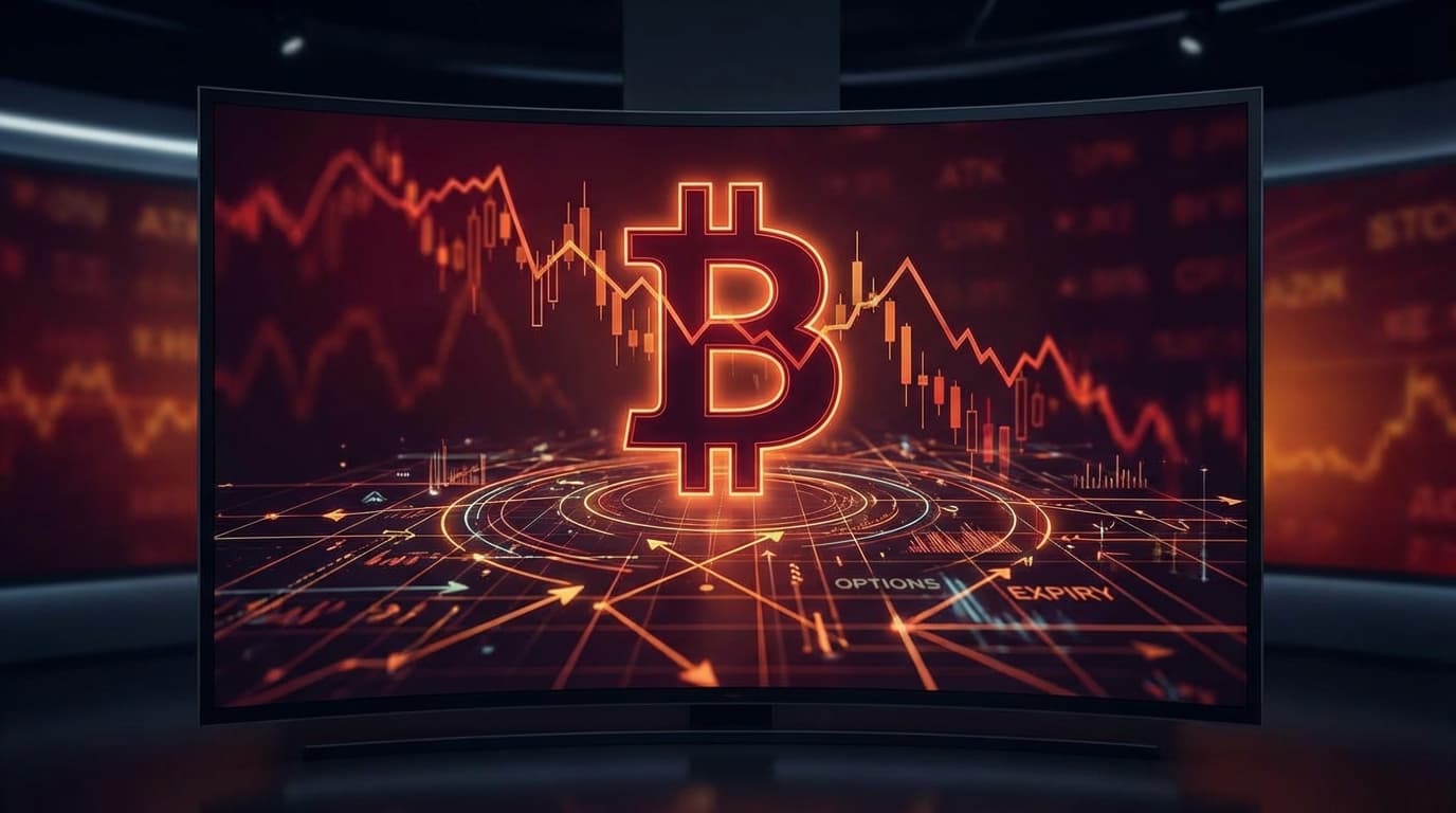 Bitcoin price chart showing sharp decline with options expiry data overlay