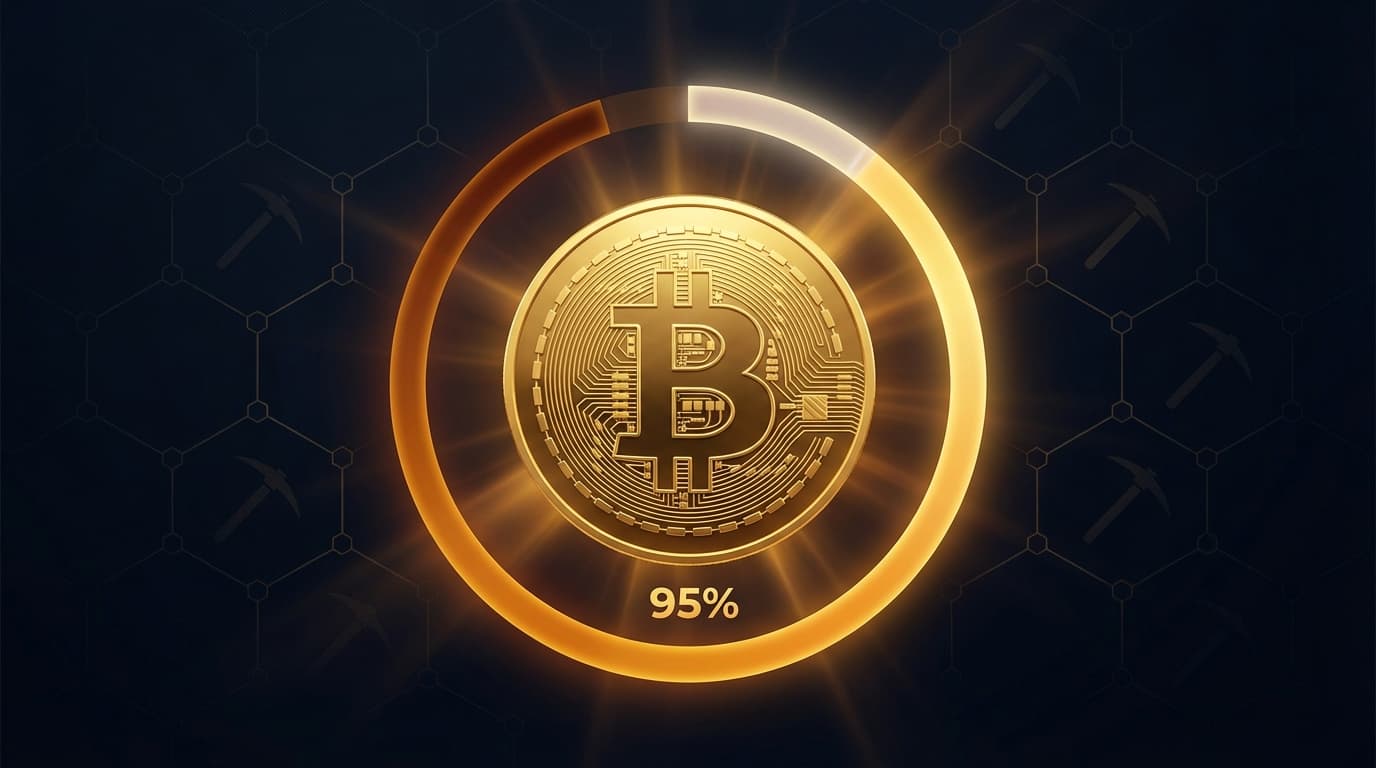 Bitcoin coin with supply meter showing 95% mined, representing the 20 million BTC scarcity milestone