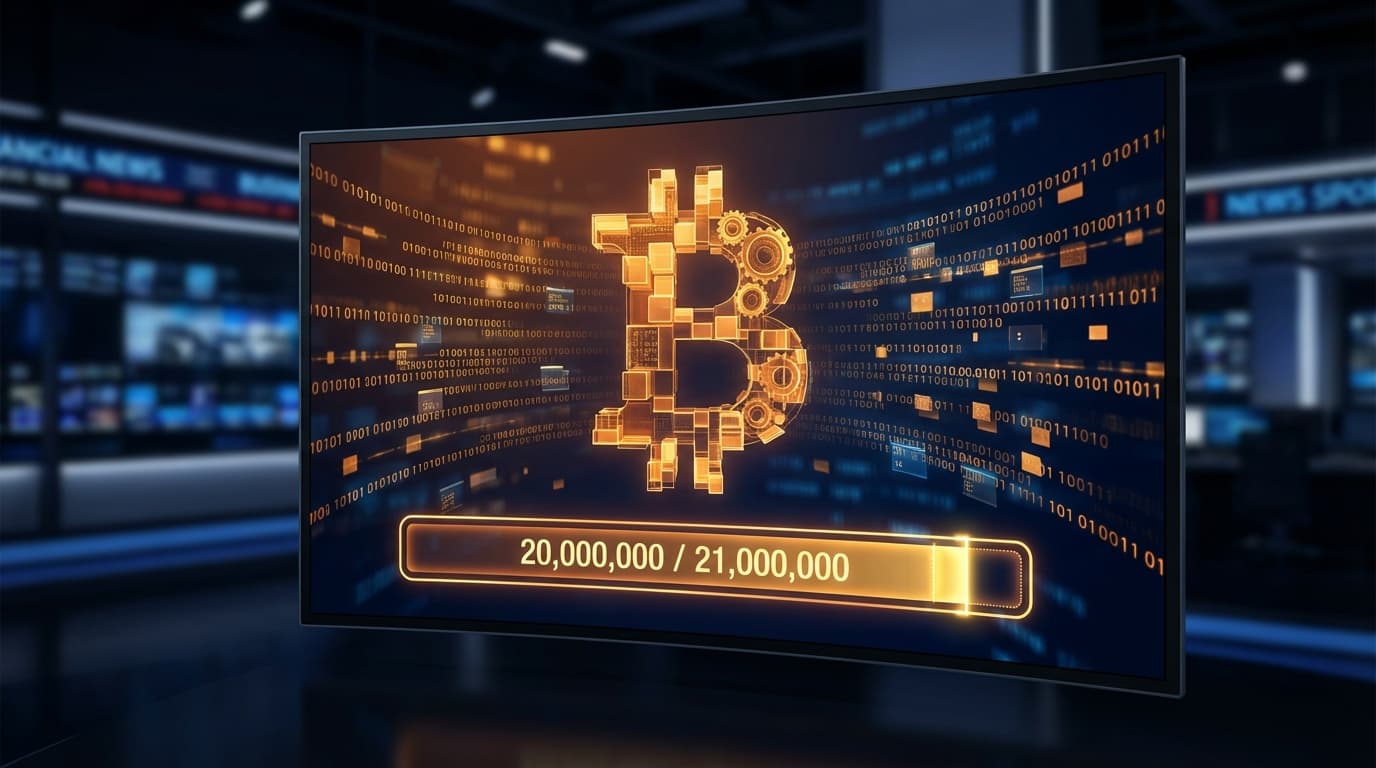 Abstract visualization of Bitcoin supply approaching 20 million coins with scarcity countdown theme