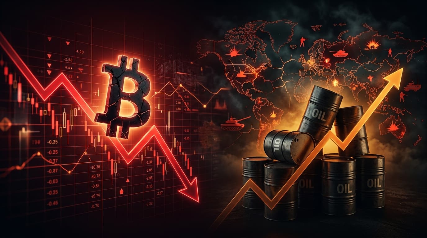 Bitcoin price chart showing decline below $70,000 with oil price surge indicators